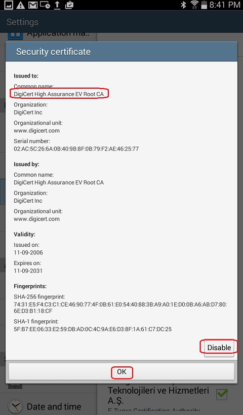 Android - Disable CA Certificate