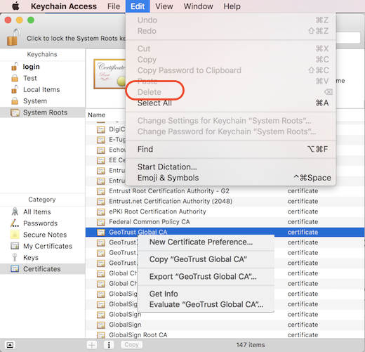 Keychain Access - Delete Root CA Certificates
