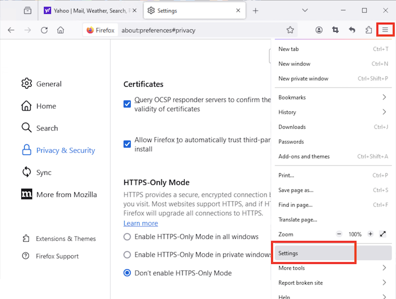 Access Settings in Mozilla Firefox