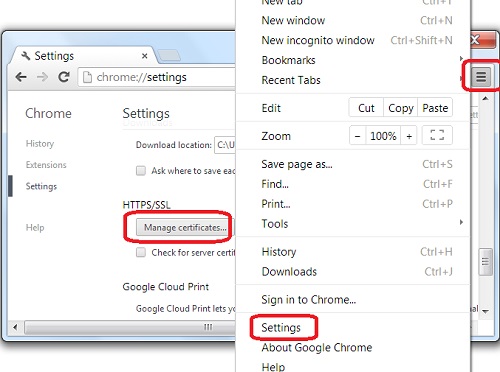 Google Chrome 51 Settings - Manage Certificates