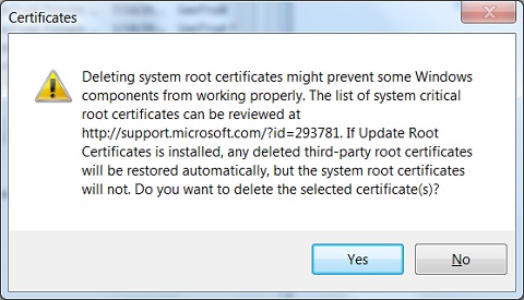 IE - Warning Meesage on Deleting Root CA Certificate