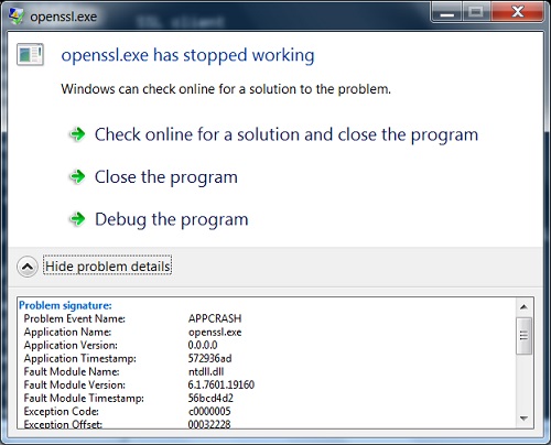 OpenSSL Fulgan Binary Version Crash on Windows 7