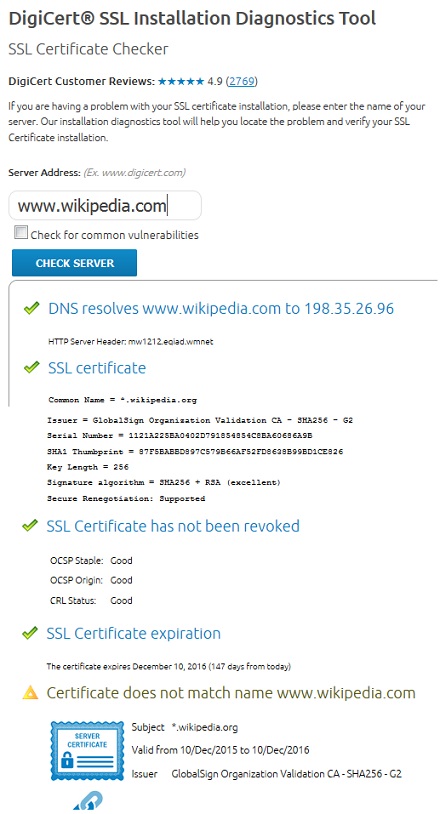 DigiCert SSL Certificate Checher Failed Example