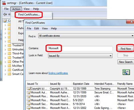 certmgr.msc - Search Certificates